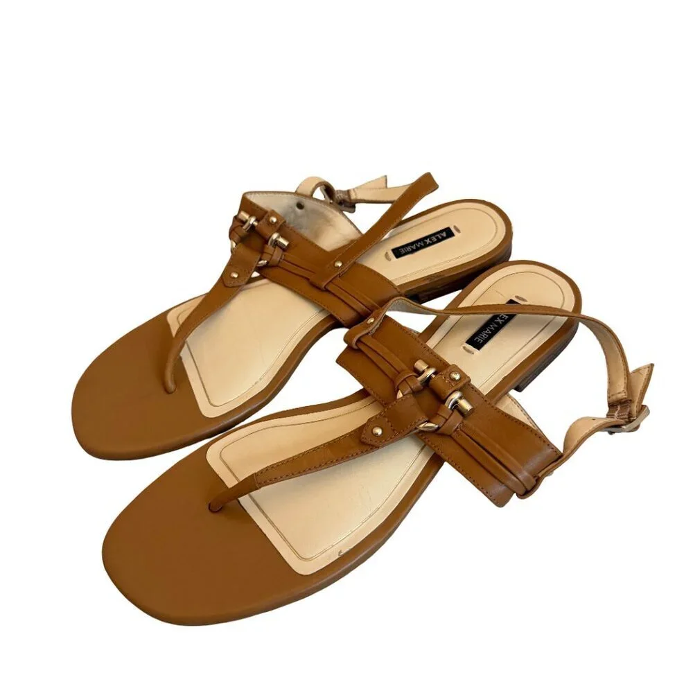Alex Marie Tan Brown Flat Leather Sandals Buckle Comfort Classic Size 9 Women's